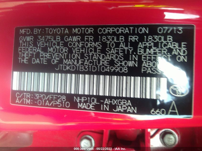 2013 TOYOTA PRIUS C ONE/TWO/THREE/FOUR - JTDKDTB31D1049908