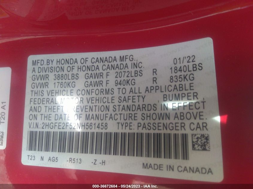 2022 HONDA CIVIC SEDAN SPORT - 2HGFE2F52NH561458