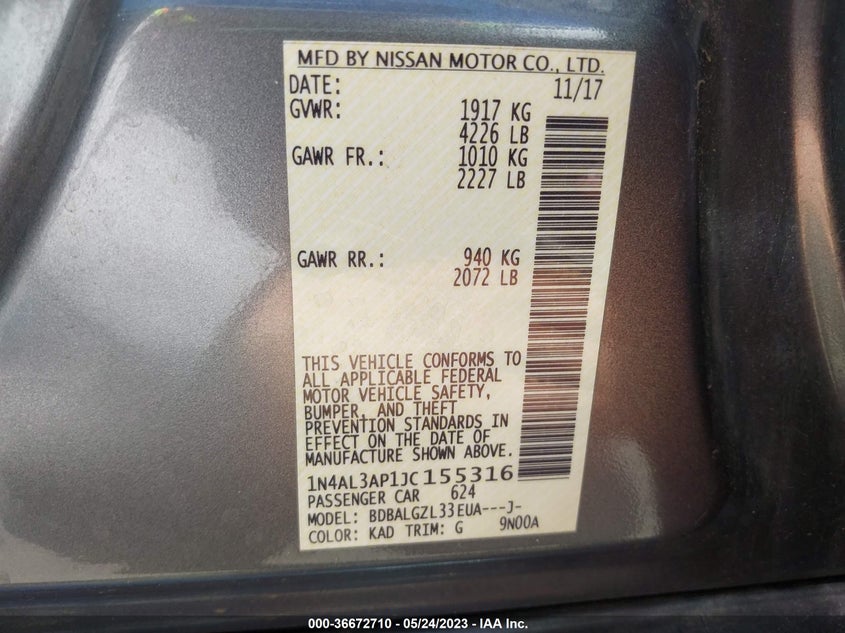 VIN 1N4AL3AP1JC155316 2018 NISSAN ALTIMA 2.5 S