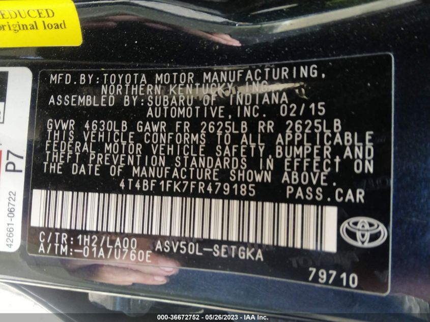 2015 TOYOTA CAMRY XLE/SE/LE/XSE - 4T4BF1FK7FR479185