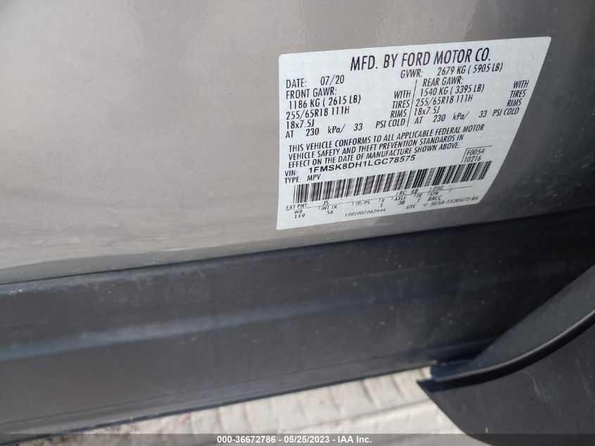 2020 FORD EXPLORER XLT - 1FMSK8DH1LGC78575