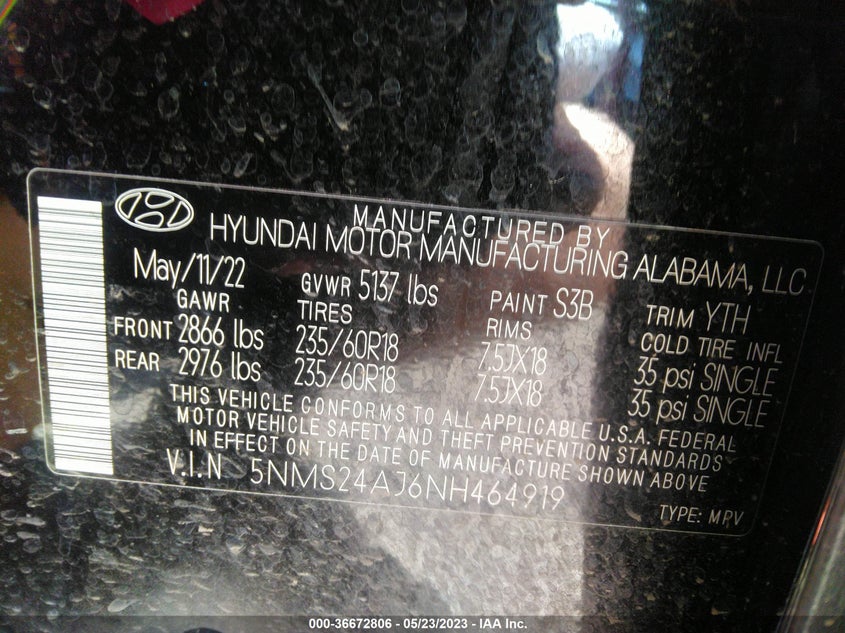 VIN 5NMS24AJ6NH464919 2022 HYUNDAI SANTA FE SEL