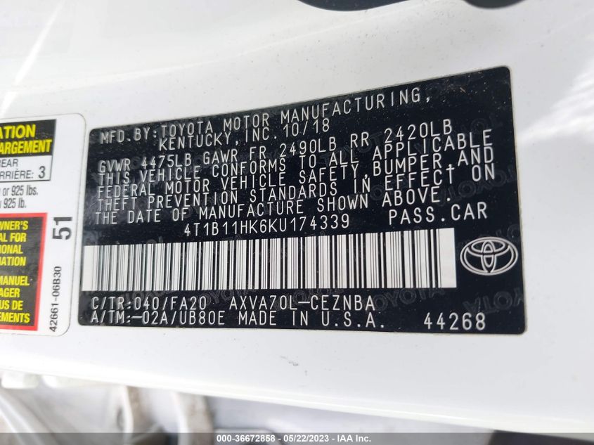 2019 TOYOTA CAMRY LE/SE/XLE/L - 4T1B11HK6KU174339