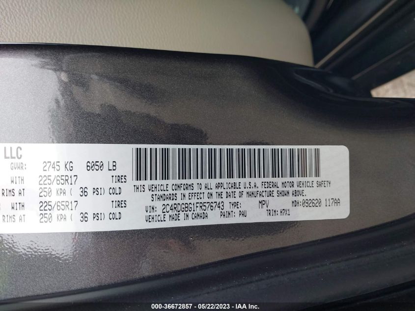 2015 DODGE GRAND CARAVAN AMERICAN VALUE PKG - 2C4RDGBG1FR576743