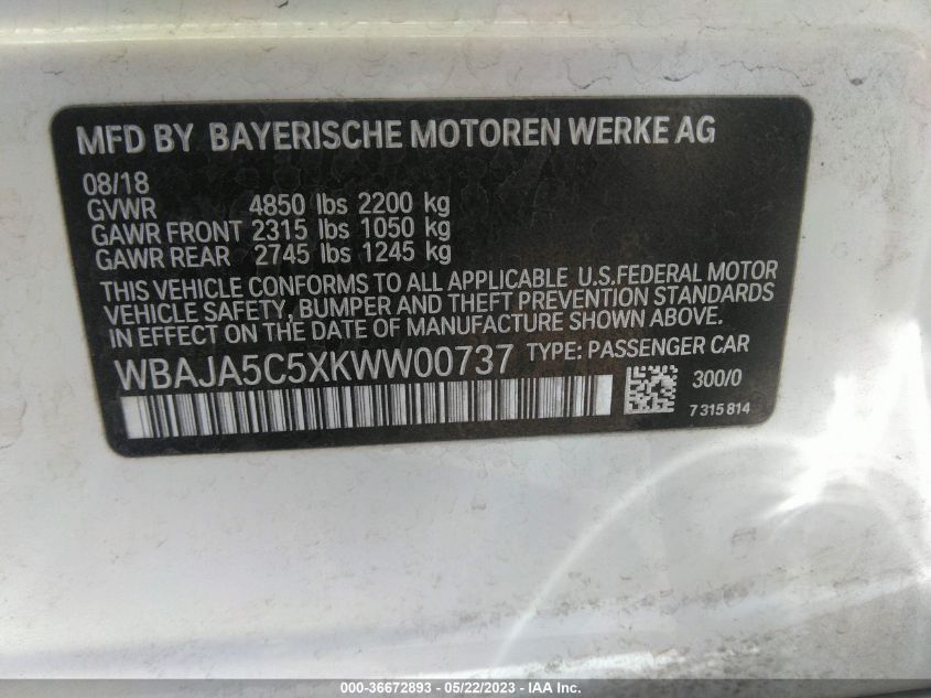 2019 BMW 5 SERIES 530I - WBAJA5C5XKWW00737