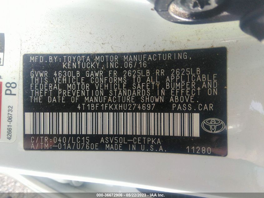 2017 TOYOTA CAMRY XLE/SE/LE/XSE - 4T1BF1FKXHU274697