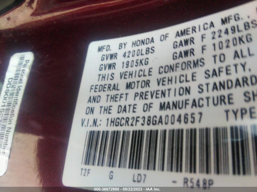 2016 HONDA ACCORD SEDAN LX - 1HGCR2F38GA004657