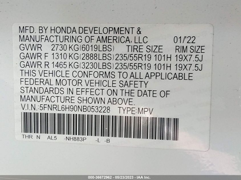 2022 HONDA ODYSSEY ELITE - 5FNRL6H90NB053228