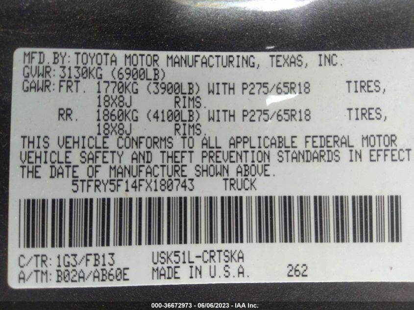 2015 TOYOTA TUNDRA 2WD TRUCK SR5/SR - 5TFRY5F14FX180743
