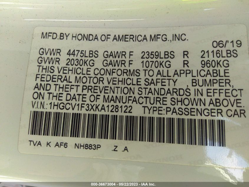 2019 HONDA ACCORD SEDAN SPORT 1.5T - 1HGCV1F3XKA128122