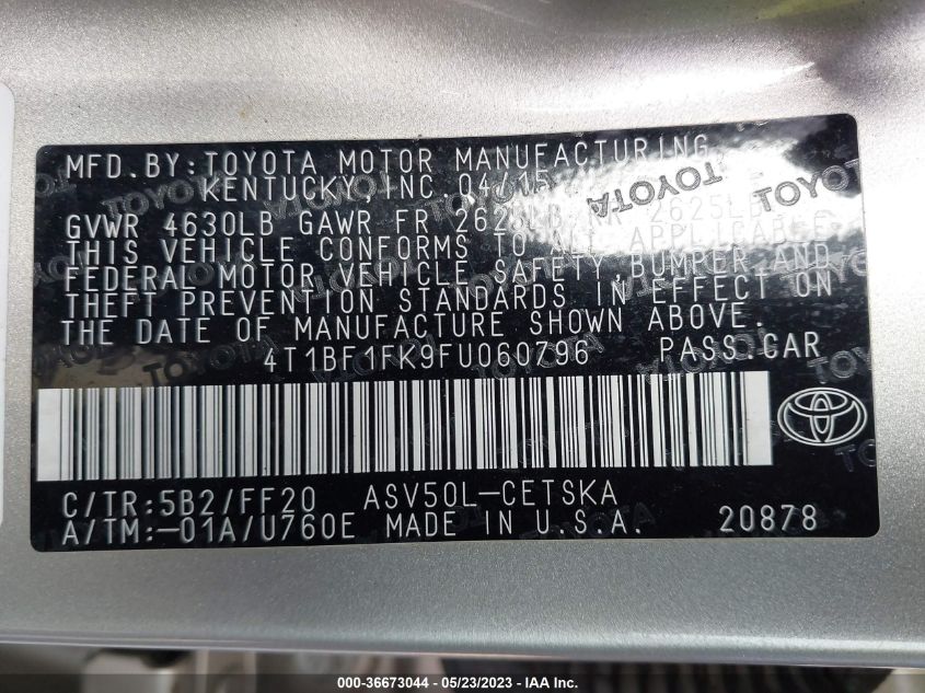 2015 TOYOTA CAMRY XLE/SE/LE/XSE - 4T1BF1FK9FU060796