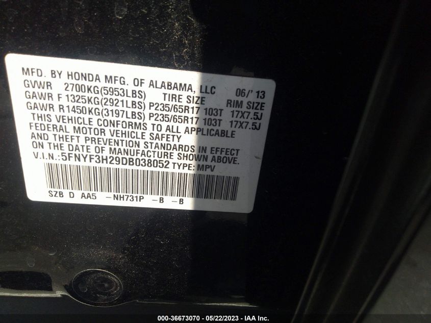 2013 HONDA PILOT LX - 5FNYF3H29DB038052