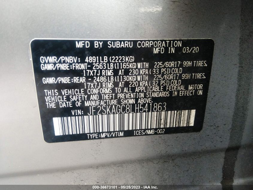 2020 SUBARU FORESTER PREMIUM - JF2SKAGC8LH541863