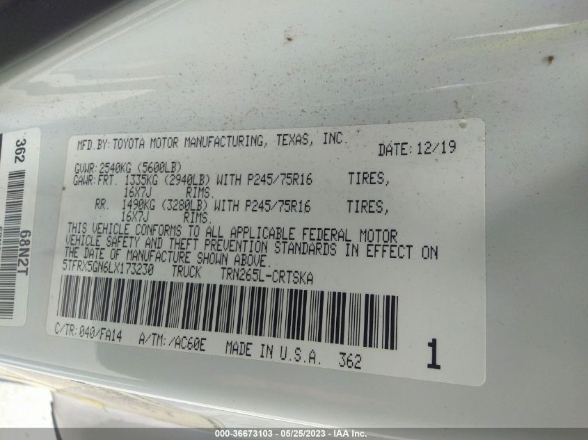 2020 TOYOTA TACOMA 2WD SR/SR5 - 5TFRX5GN6LX173230