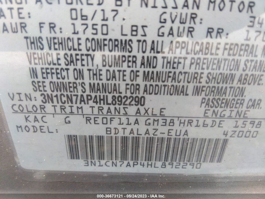 2017 NISSAN VERSA SEDAN S PLUS - 3N1CN7AP4HL892290