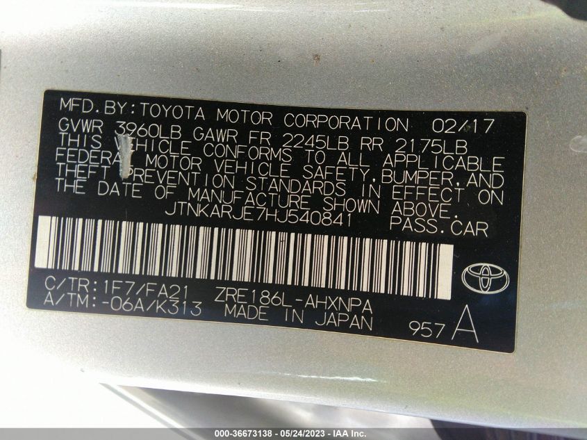 2017 TOYOTA COROLLA IM - JTNKARJE7HJ540841