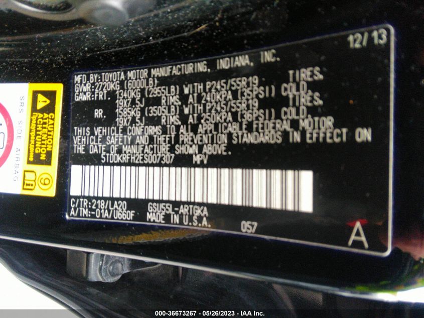 2014 TOYOTA HIGHLANDER LIMITED - 5TDDKRFH2ES007307