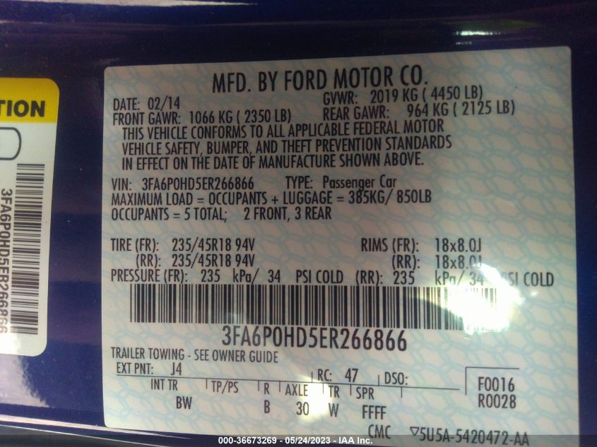 2014 FORD FUSION SE - 3FA6P0HD5ER266866