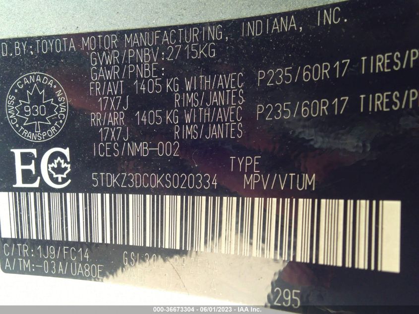 2019 TOYOTA SIENNA LE - 5TDKZ3DC0KS020334