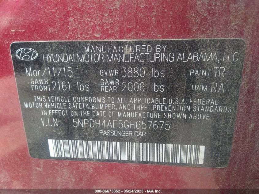 2016 HYUNDAI ELANTRA LIMITED - 5NPDH4AE5GH657675