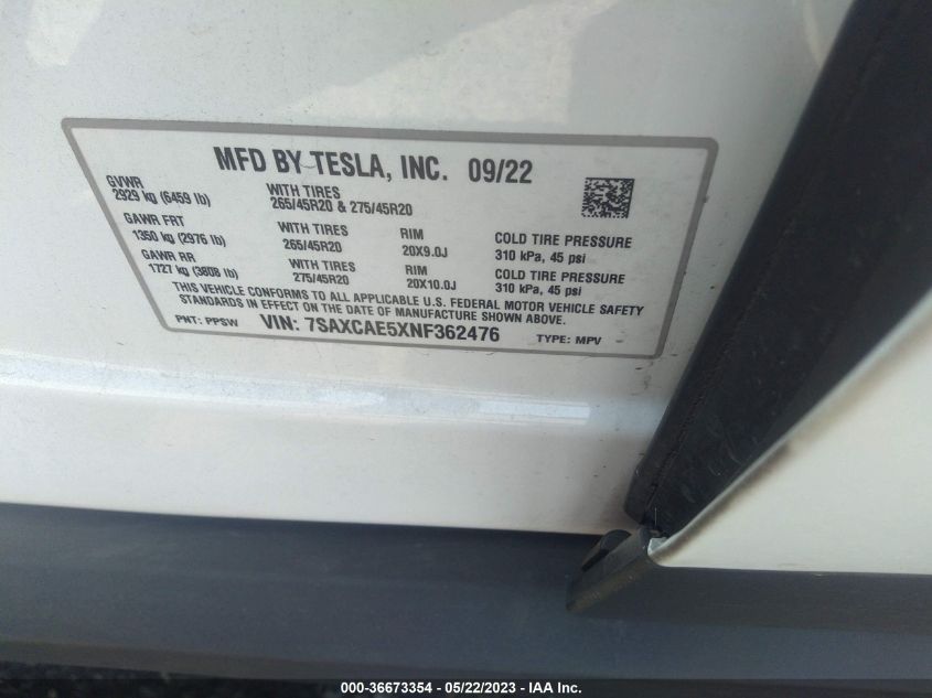2022 TESLA MODEL X - 7SAXCAE5XNF362476