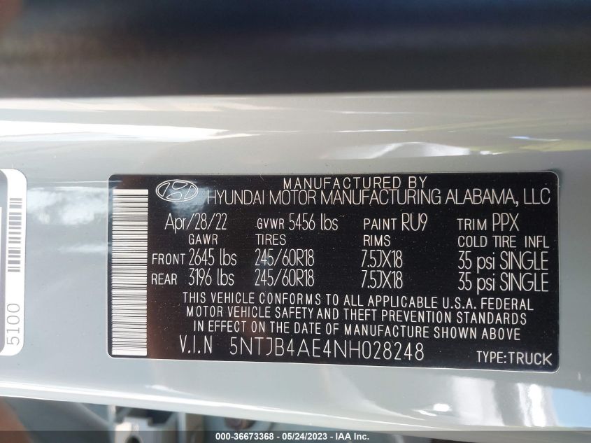 2022 HYUNDAI SANTA CRUZ SEL 5NTJB4AE4NH028248