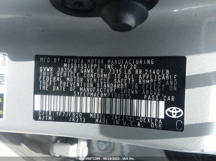 2021 TOYOTA COROLLA LE - 5YFEPMAE8MP190015