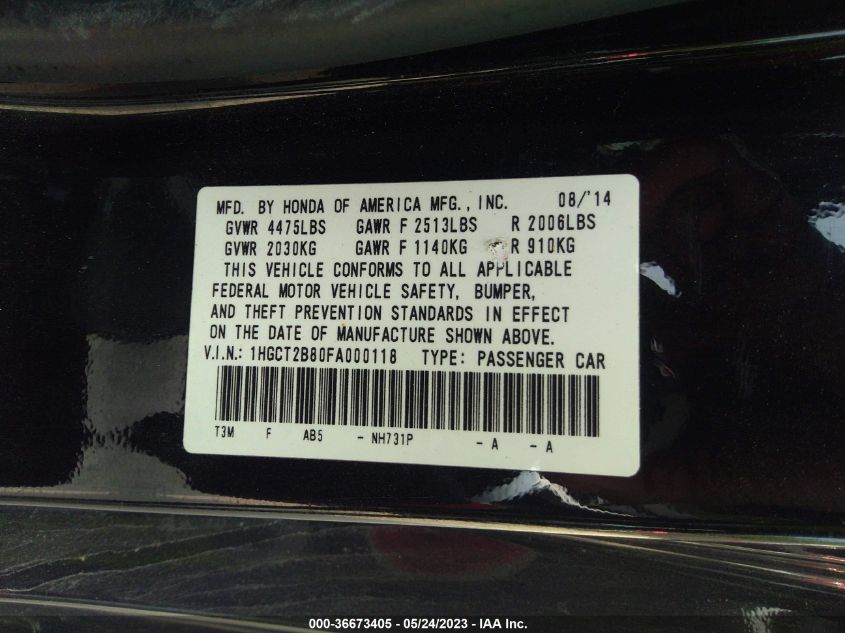 2015 HONDA ACCORD COUPE EX-L - 1HGCT2B80FA000118