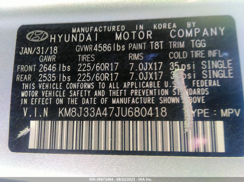 2018 HYUNDAI TUCSON SEL - KM8J33A47JU680418