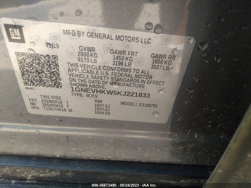 2019 CHEVROLET TRAVERSE LT LEATHER - 1GNEVHKW5KJ221833