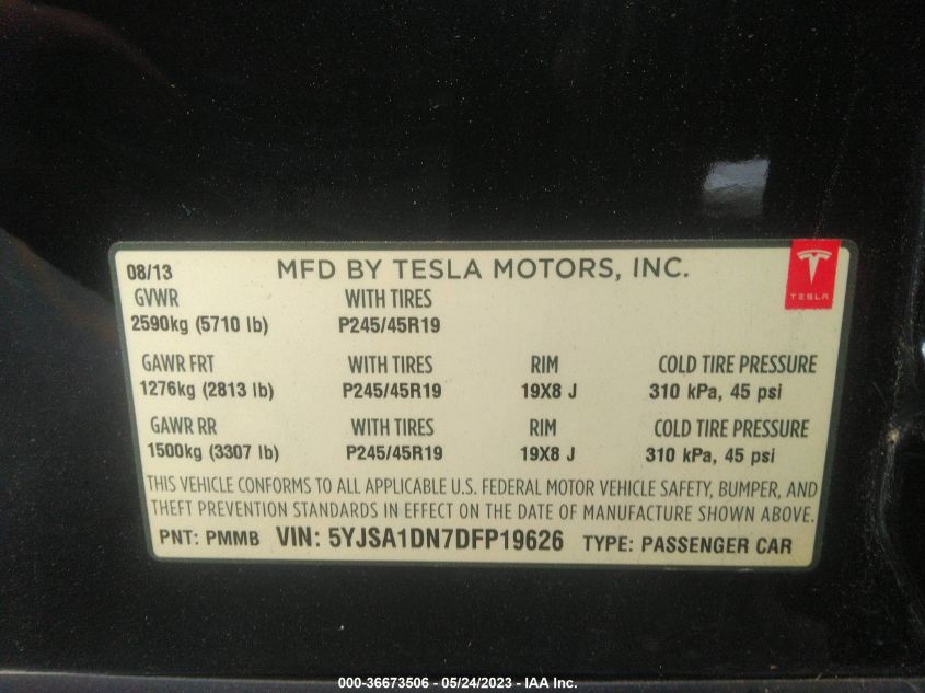 2013 TESLA MODEL S - 5YJSA1DN7DFP19626