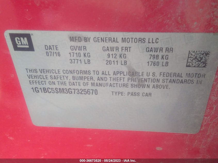2016 CHEVROLET CRUZE LS - 1G1BC5SM3G7325670