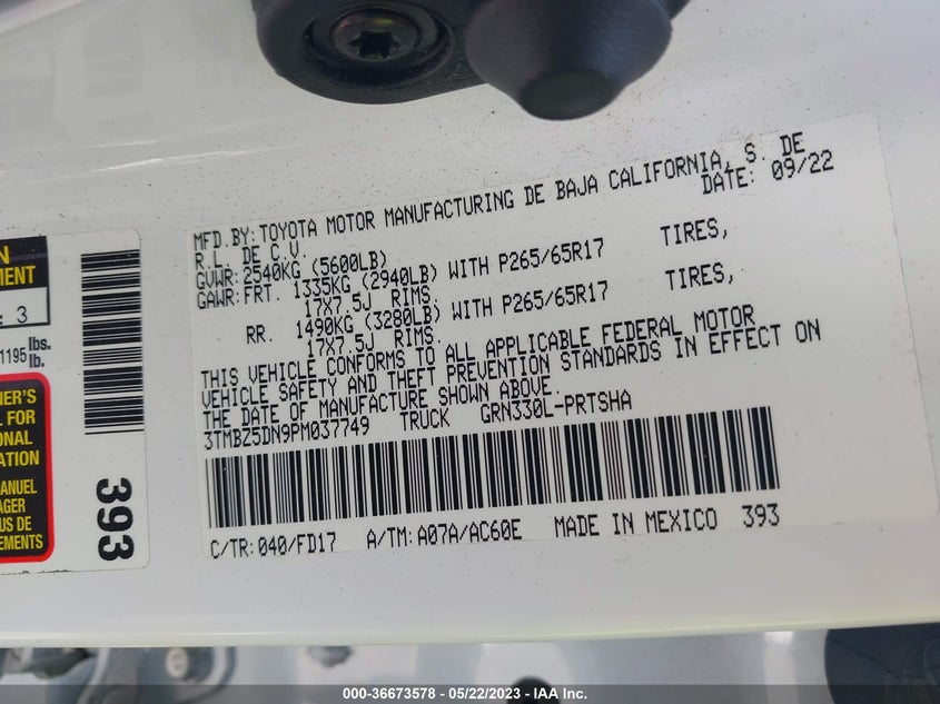 VIN 3TMBZ5DN9PM037749 2023 TOYOTA TACOMA 2WD SR5/TRD SPORT