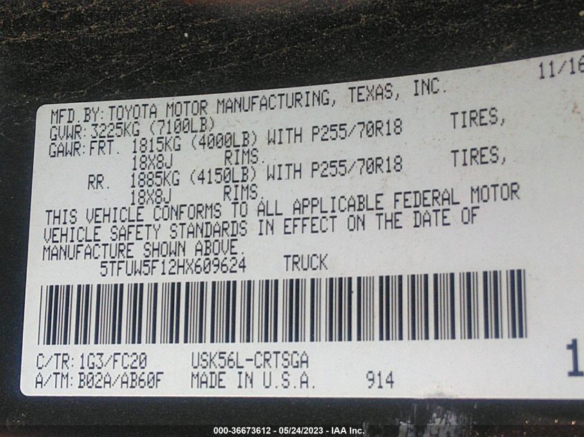 2017 TOYOTA TUNDRA 4WD SR/SR5/TRD PRO - 5TFUW5F12HX609624