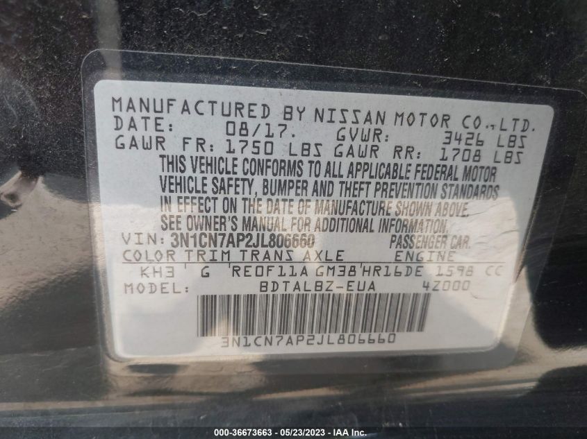 2018 NISSAN VERSA SEDAN SV - 3N1CN7AP2JL806660