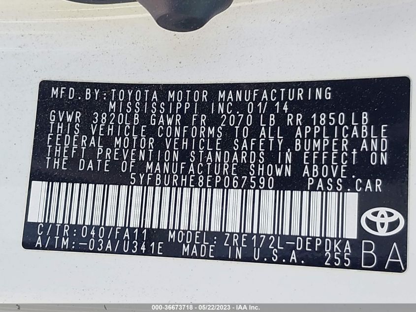 2014 TOYOTA COROLLA L/LE/S/S PLUS/LE PLUS - 5YFBURHE8EP067590