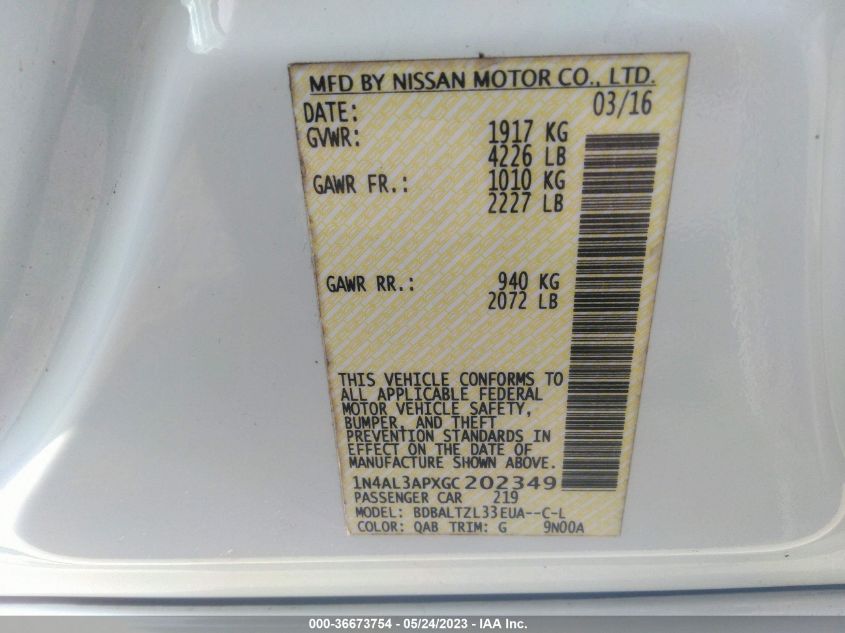2016 NISSAN ALTIMA 2.5 SL - 1N4AL3APXGC202349
