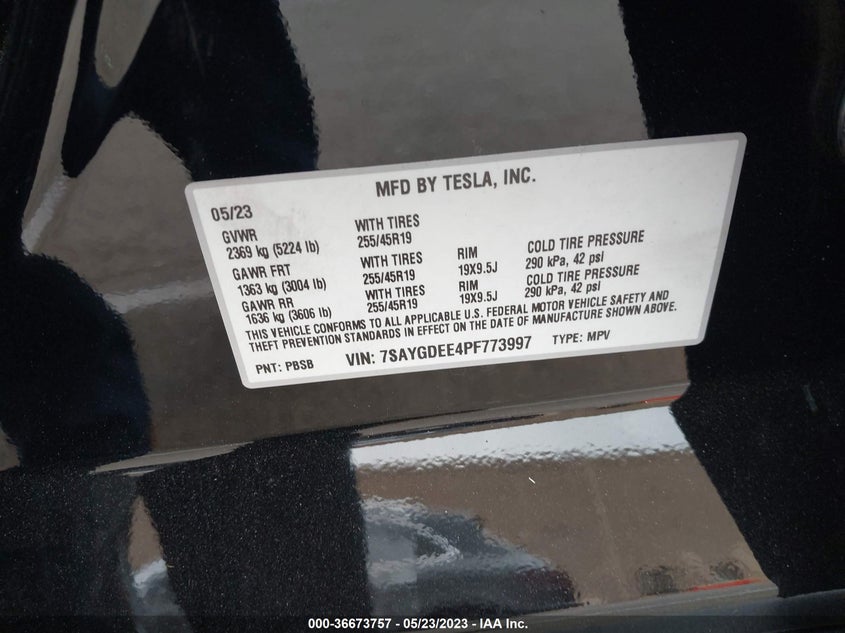 VIN 7SAYGDEE4PF773997 2023 TESLA MODEL Y LONG RANGE