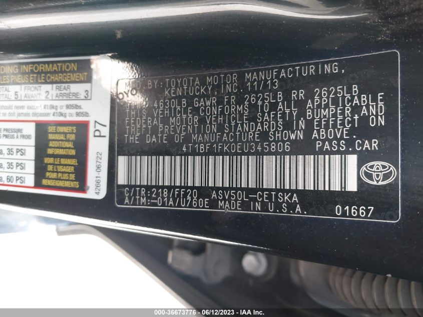 2014 TOYOTA CAMRY L/LE/XLE/SE/SE SPORT - 4T1BF1FK0EU345806