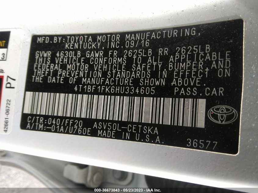 2017 TOYOTA CAMRY XLE/SE/LE/XSE - 4T1BF1FK6HU334605
