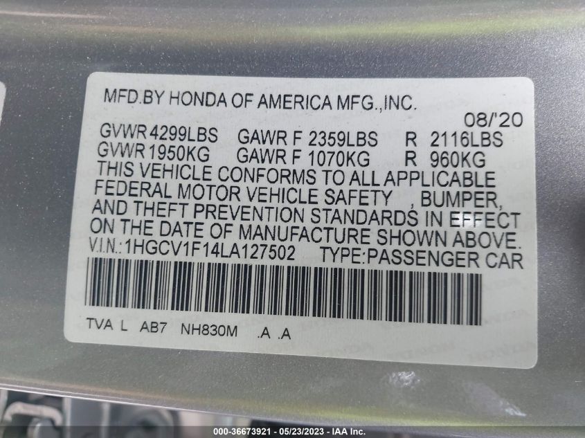 2020 HONDA ACCORD SEDAN LX - 1HGCV1F14LA127502