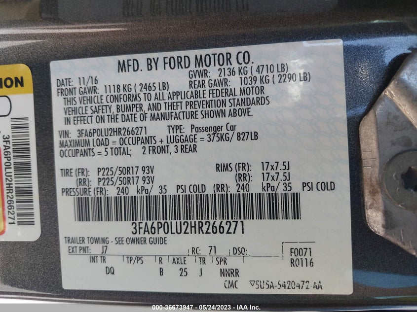 VIN 3FA6P0LU2HR266271 2017 FORD FUSION HYBRID SE