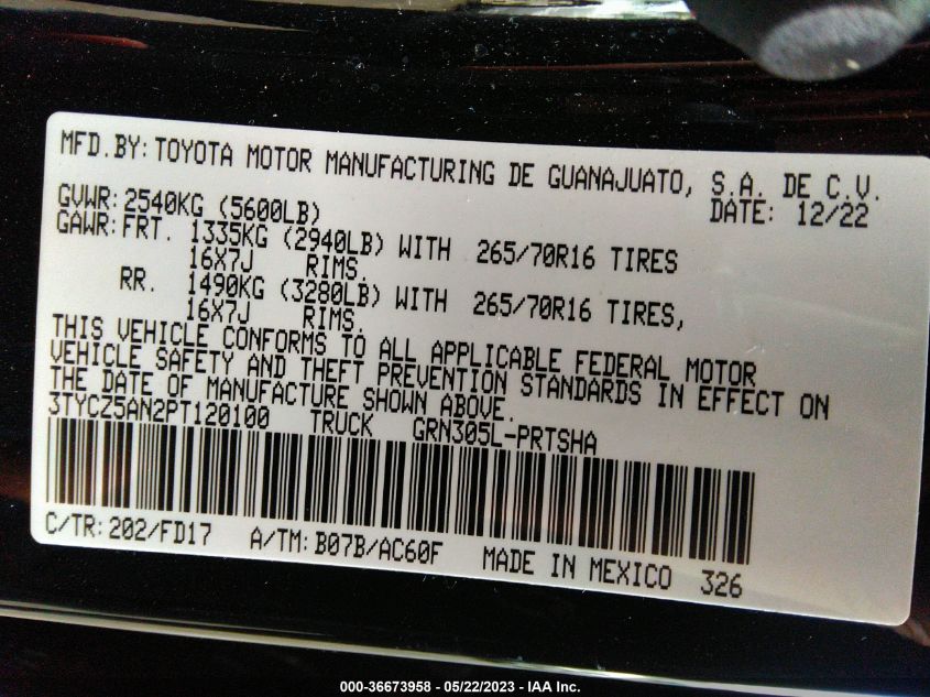 2023 TOYOTA TACOMA 4WD SR/SR5/TRD SPORT - 3TYCZ5AN2PT120100