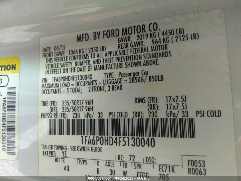 2015 FORD FUSION SE - 1FA6P0HD4F5130040