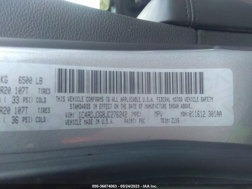 VIN 1C4RDJDG8JC276242 2018 DODGE DURANGO GT