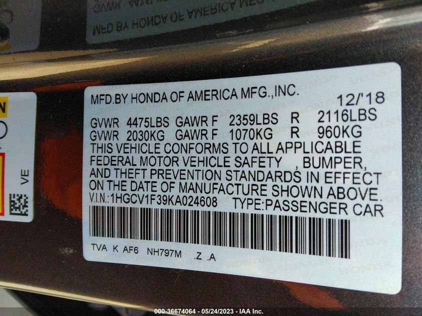 VIN 1HGCV1F39KA024608 2019 HONDA ACCORD SEDAN SPORT 1.5T