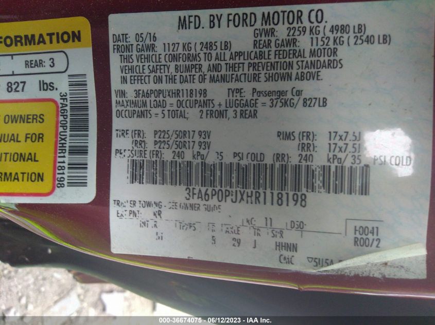 2017 FORD FUSION ENERGI SE - 3FA6P0PUXHR118198