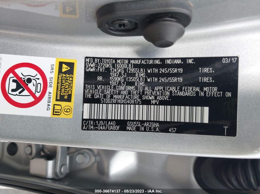 2017 TOYOTA HIGHLANDER LIMITED - 5TDDZRFH0HS408175