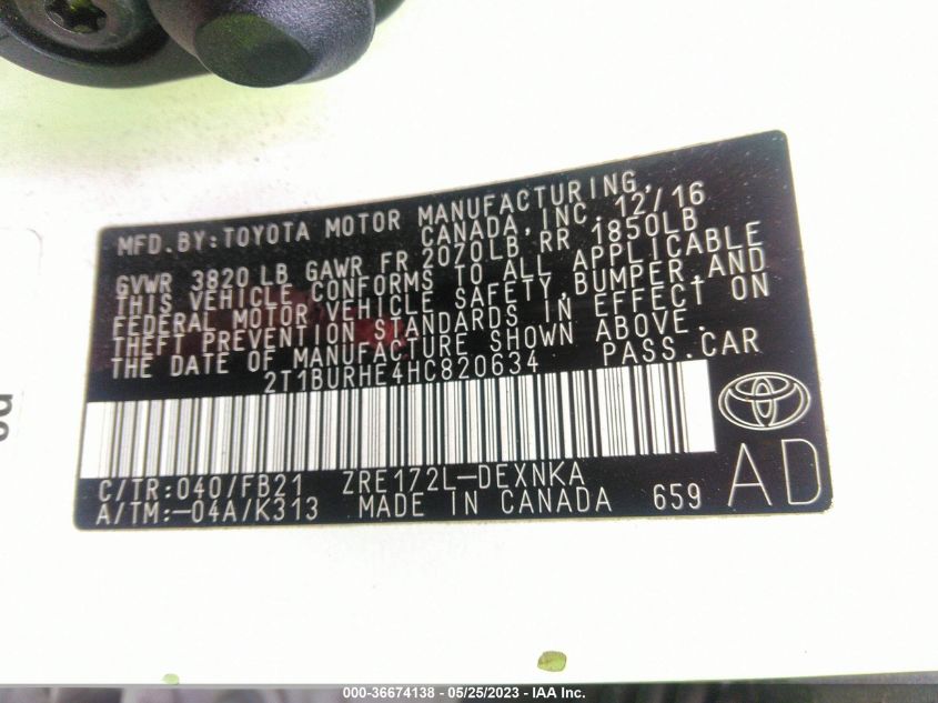 2017 TOYOTA COROLLA L/LE/XLE/SE - 2T1BURHE4HC820634
