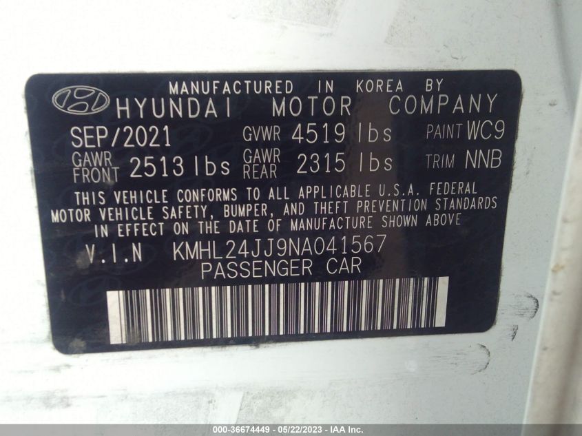 2022 HYUNDAI SONATA HYBRID BLUE - KMHL24JJ9NA041567